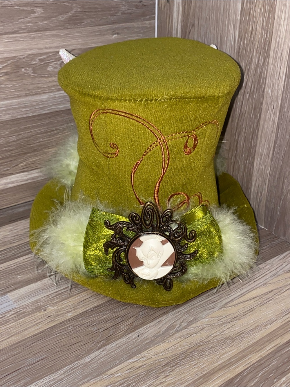 Disney tinker bell Olive Green Feather-Trim Mini Top Hat with Cameo